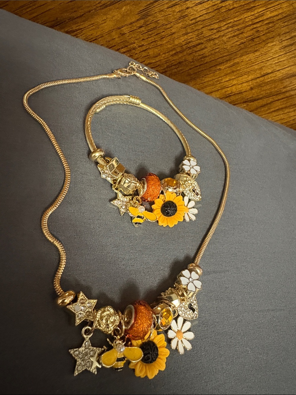 Gold-Tone Sunflower Charm Necklace and Bracelet Set - Yellow